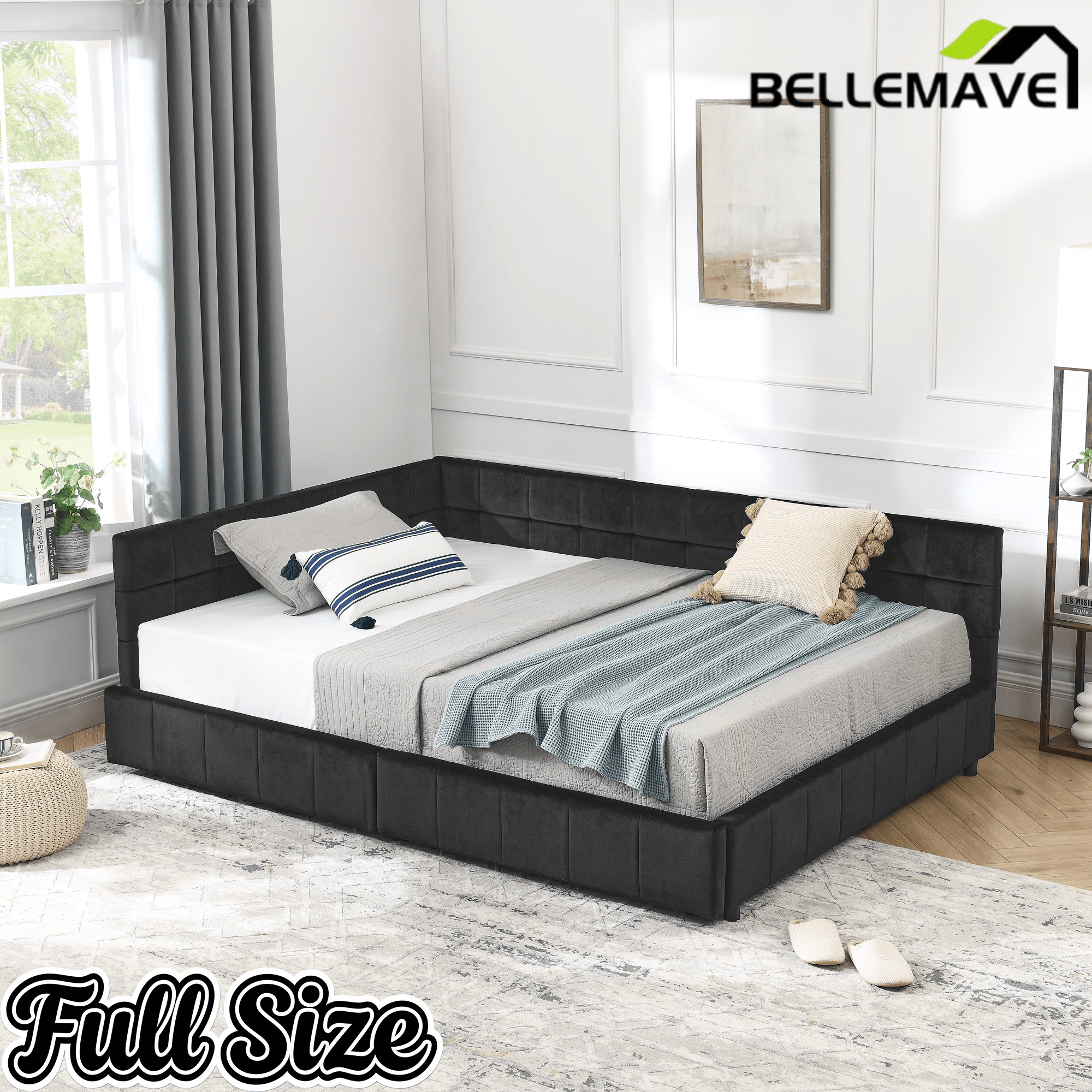 Bellemave® Full Size Corner Bed Frame with Storage Drawers, Comfortable Backrest and Armrests, Upholstered Daybed, Gary - Bellemave