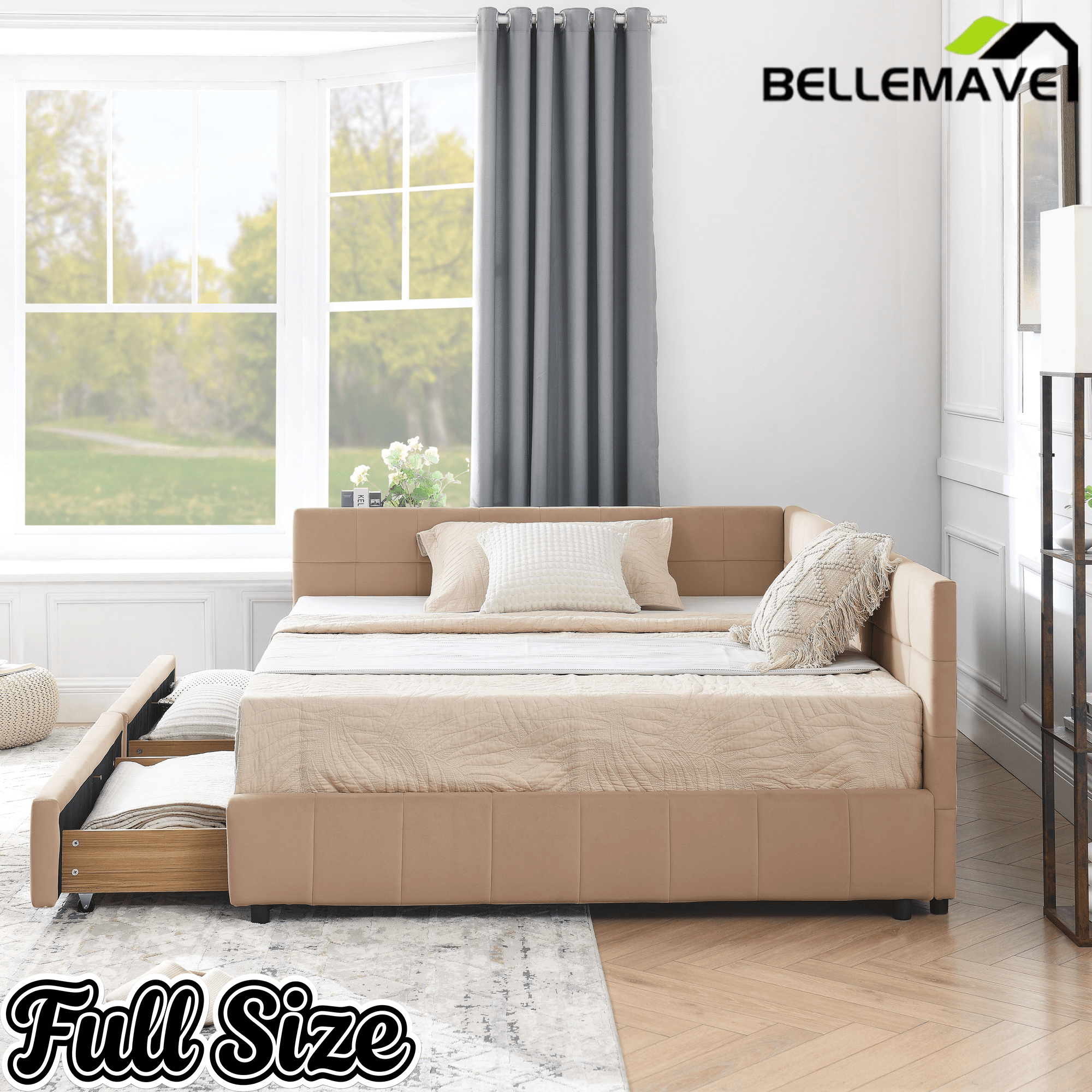 Bellemave® Full Size Corner Bed Frame with Storage Drawers, Comfortable Backrest and Armrests, Upholstered Daybed, Gary - Bellemave