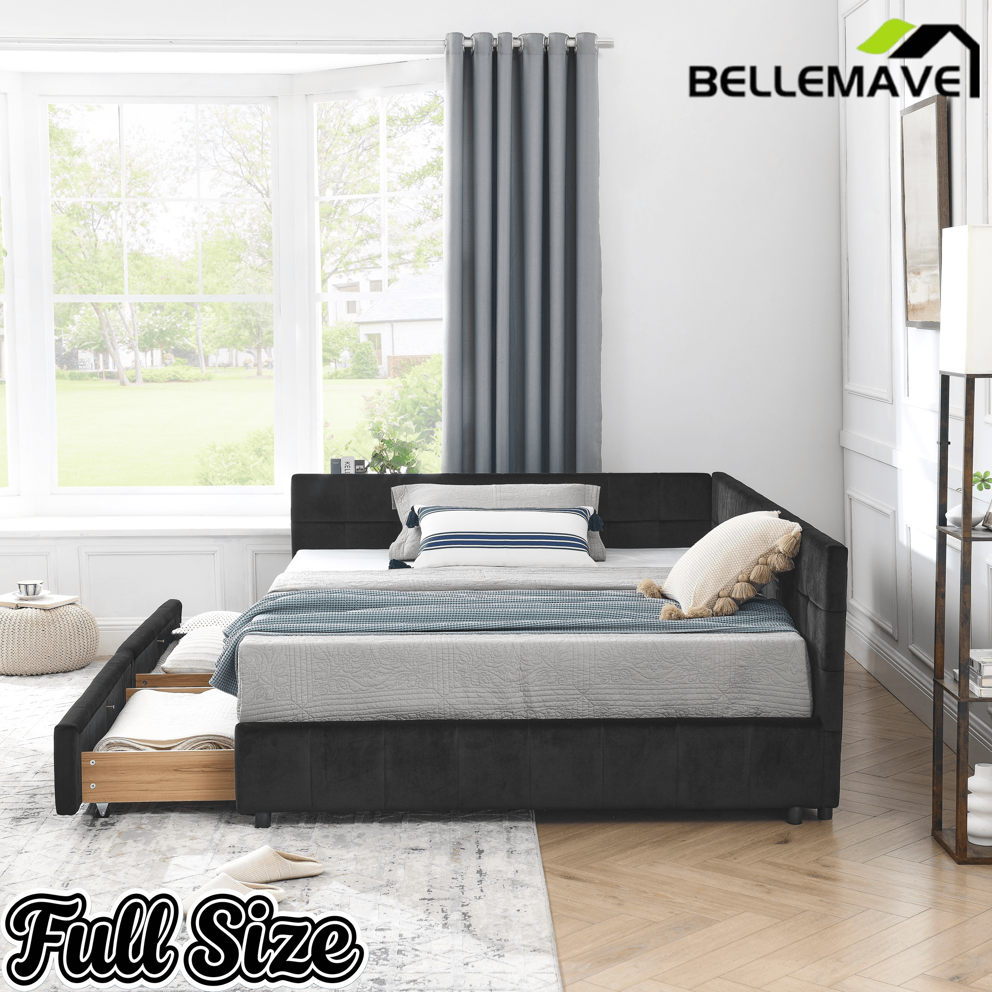 Bellemave® Full Size Corner Bed Frame with Storage Drawers, Comfortable Backrest and Armrests, Upholstered Daybed, Gary - Bellemave
