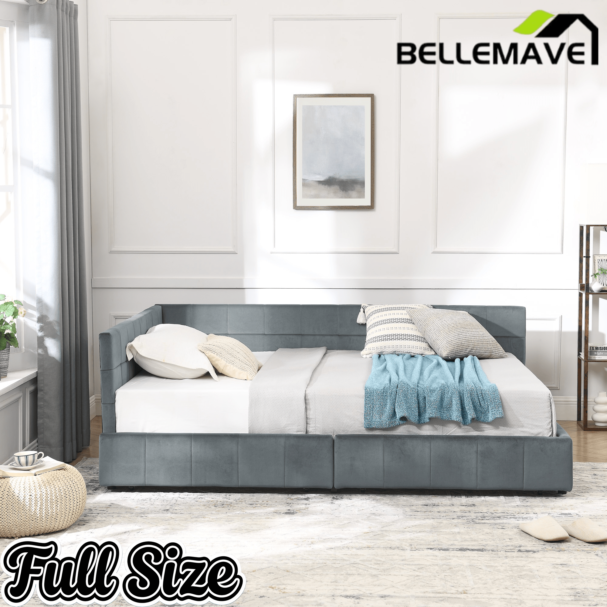 Bellemave® Full Size Corner Bed Frame with Storage Drawers, Comfortable Backrest and Armrests, Upholstered Daybed, Gary - Bellemave