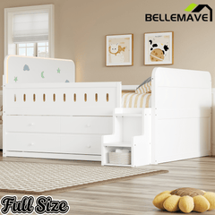 Bellemave® Full Size Daybed with LED Board, Storage Drawers, Footboard, Safety Rails & Stairs for Kids and Teens - Bellemave