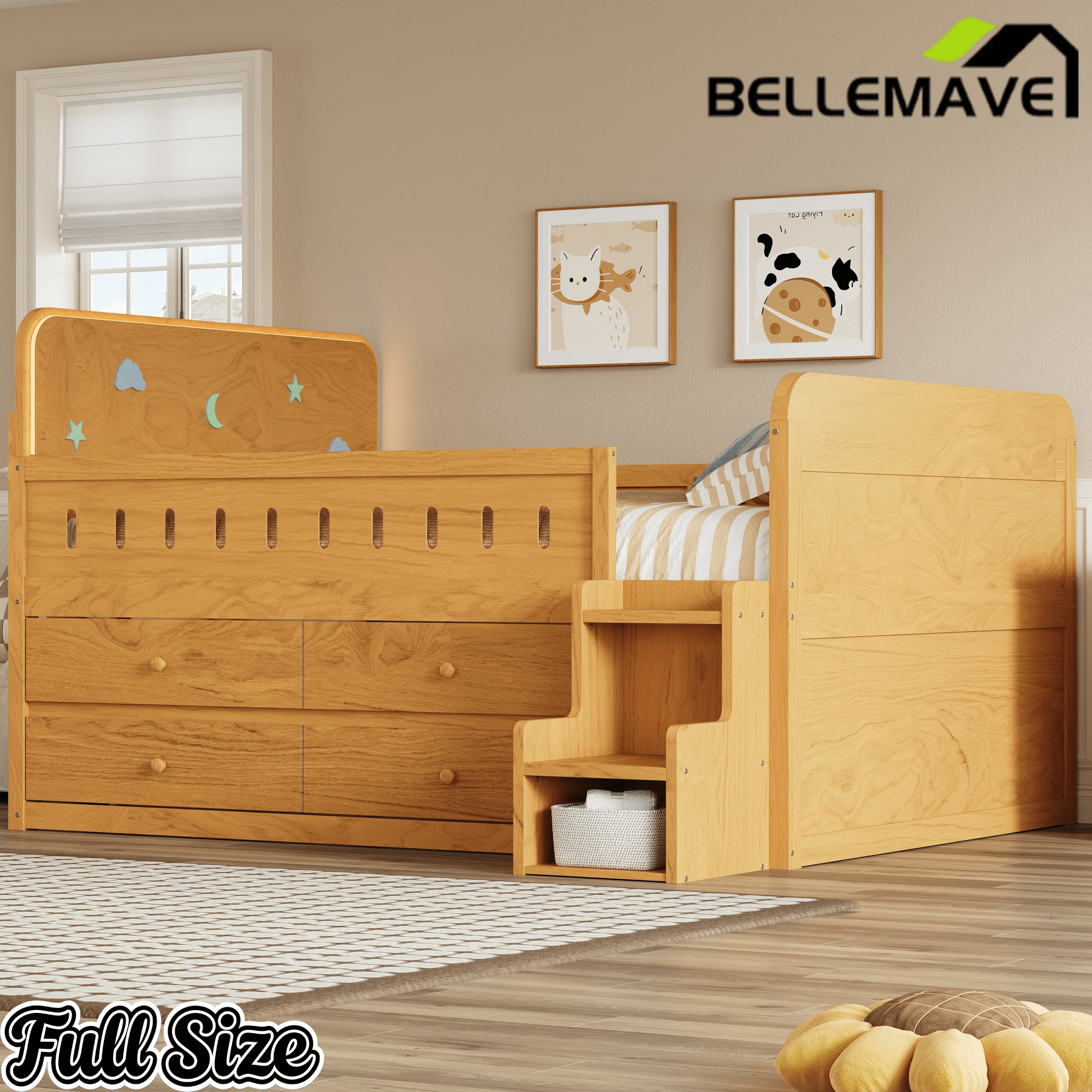 Bellemave® Full Size Daybed with LED Board, Storage Drawers, Footboard, Safety Rails & Stairs for Kids and Teens - Bellemave
