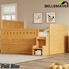 Bellemave® Full Size Daybed with LED Board, Storage Drawers, Footboard, Safety Rails & Stairs for Kids and Teens - Bellemave