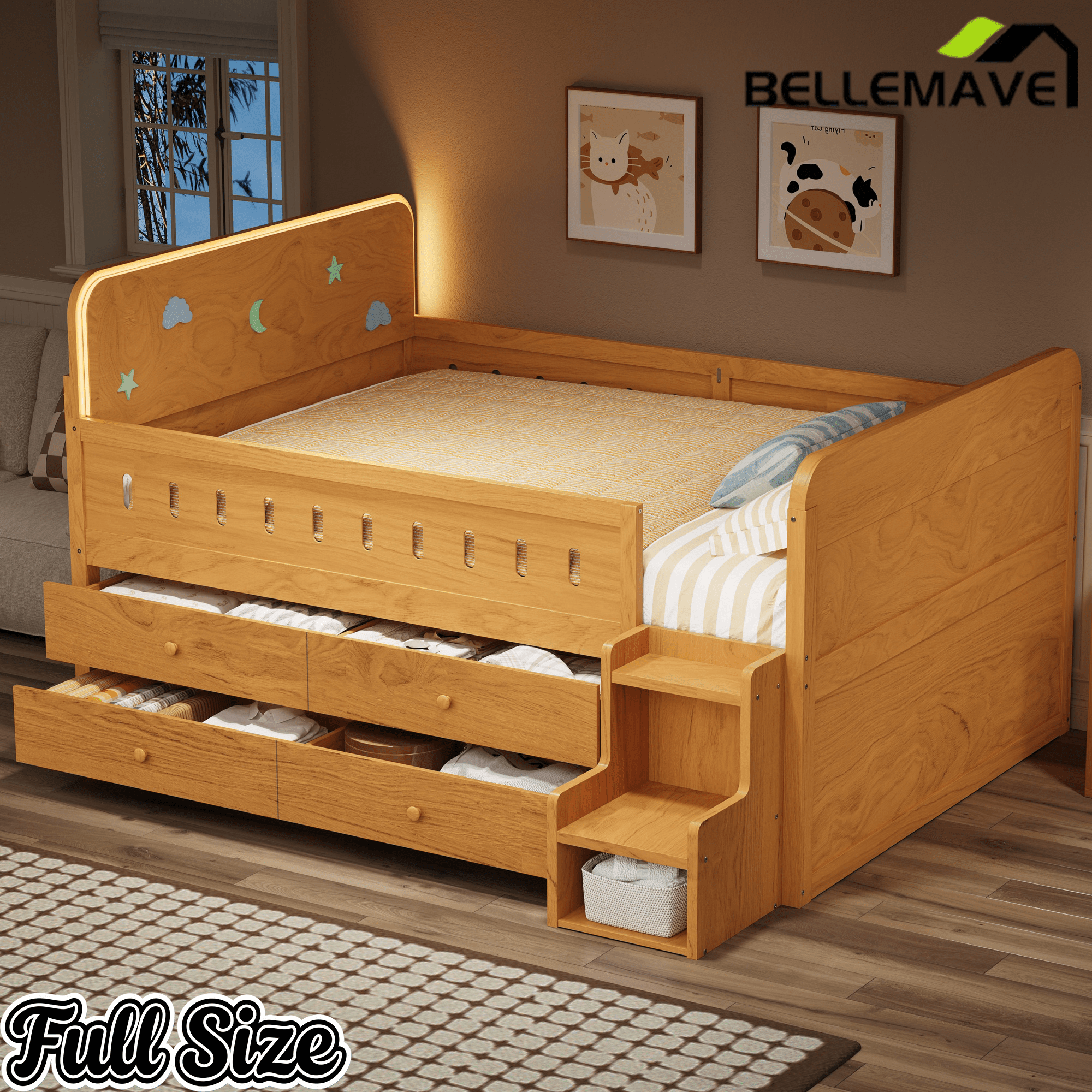 Bellemave® Full Size Daybed with LED Board, Storage Drawers, Footboard, Safety Rails & Stairs for Kids and Teens - Bellemave