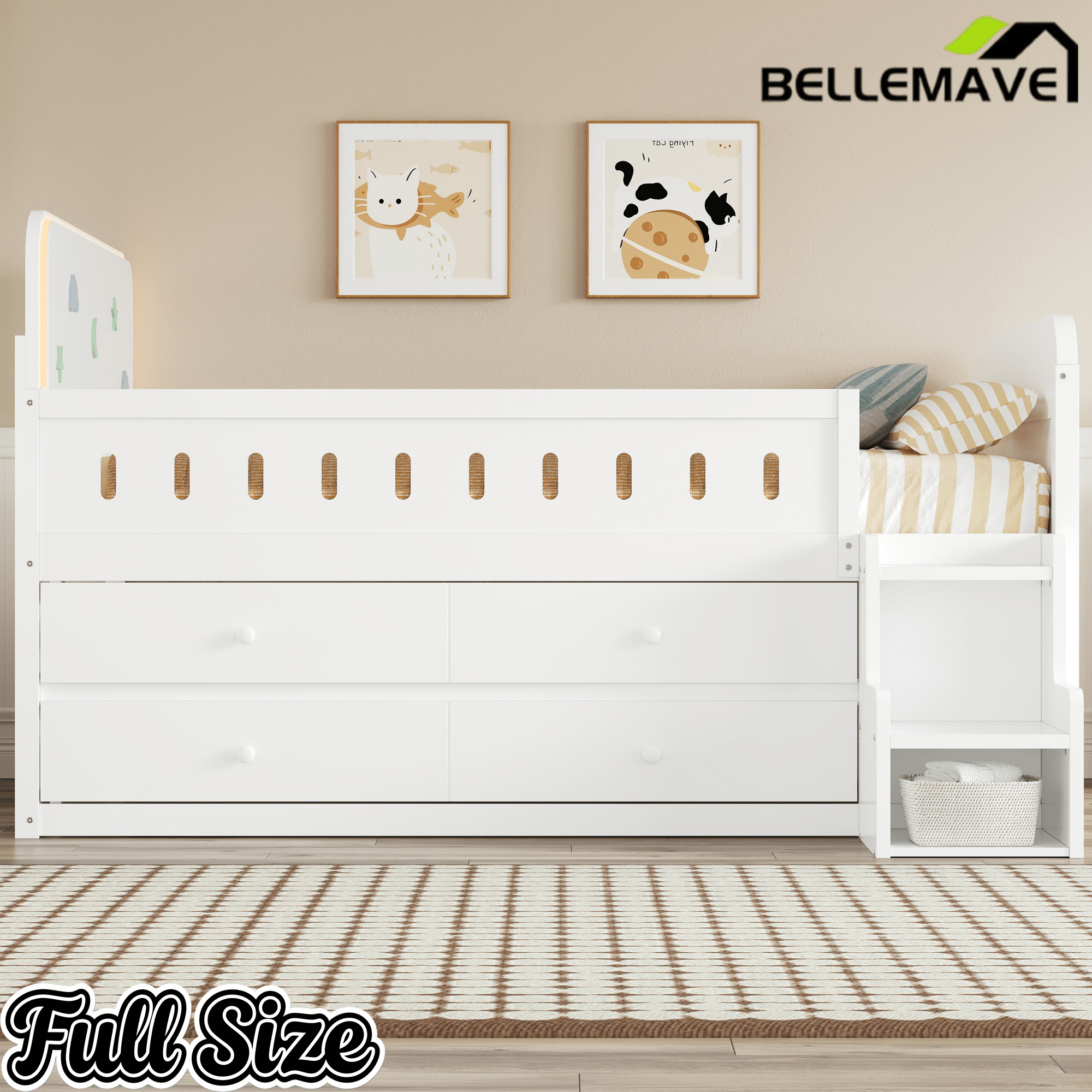 Bellemave® Full Size Daybed with LED Board, Storage Drawers, Footboard, Safety Rails & Stairs for Kids and Teens - Bellemave