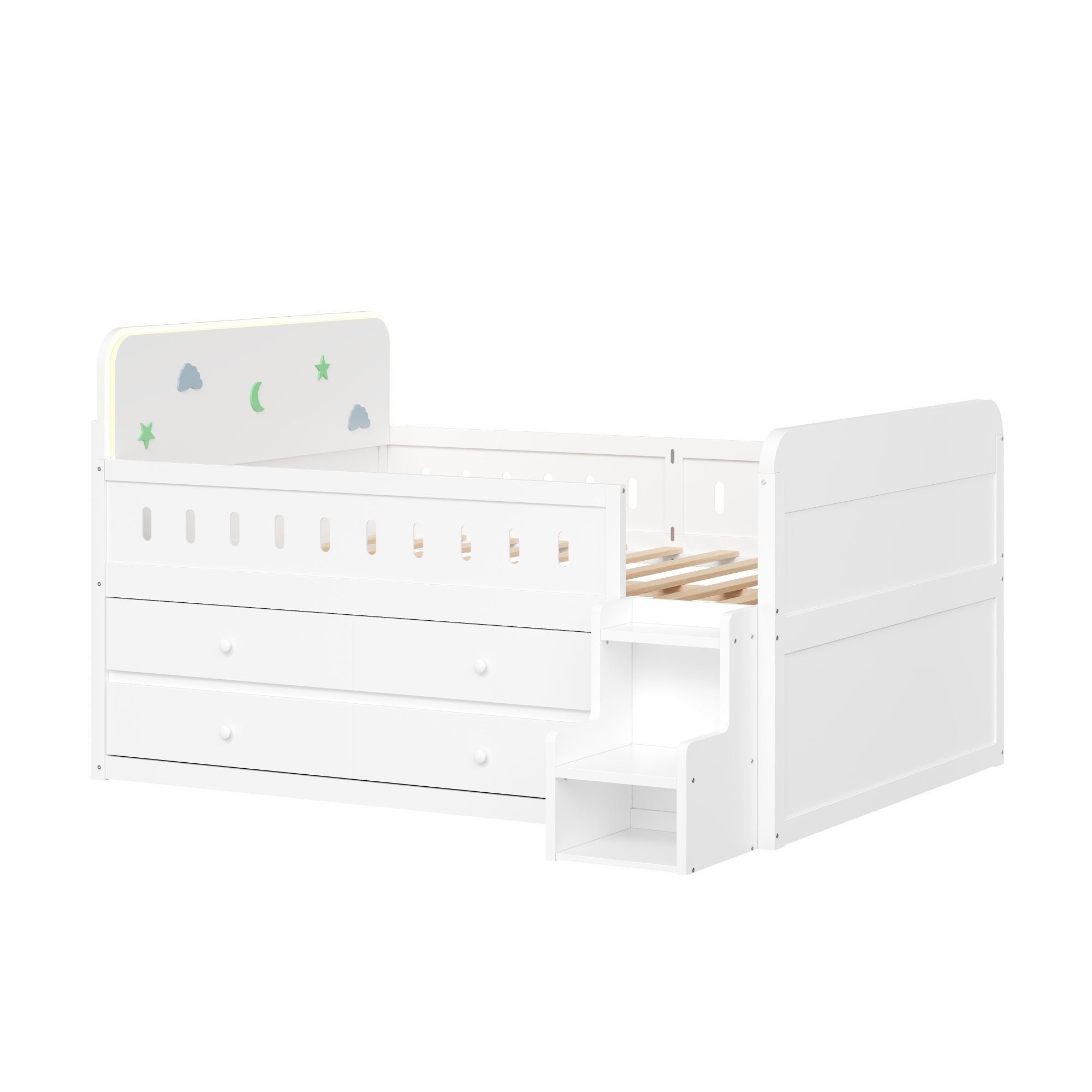 Bellemave® Full Size Daybed with LED Board, Storage Drawers, Footboard, Safety Rails & Stairs for Kids and Teens - Bellemave