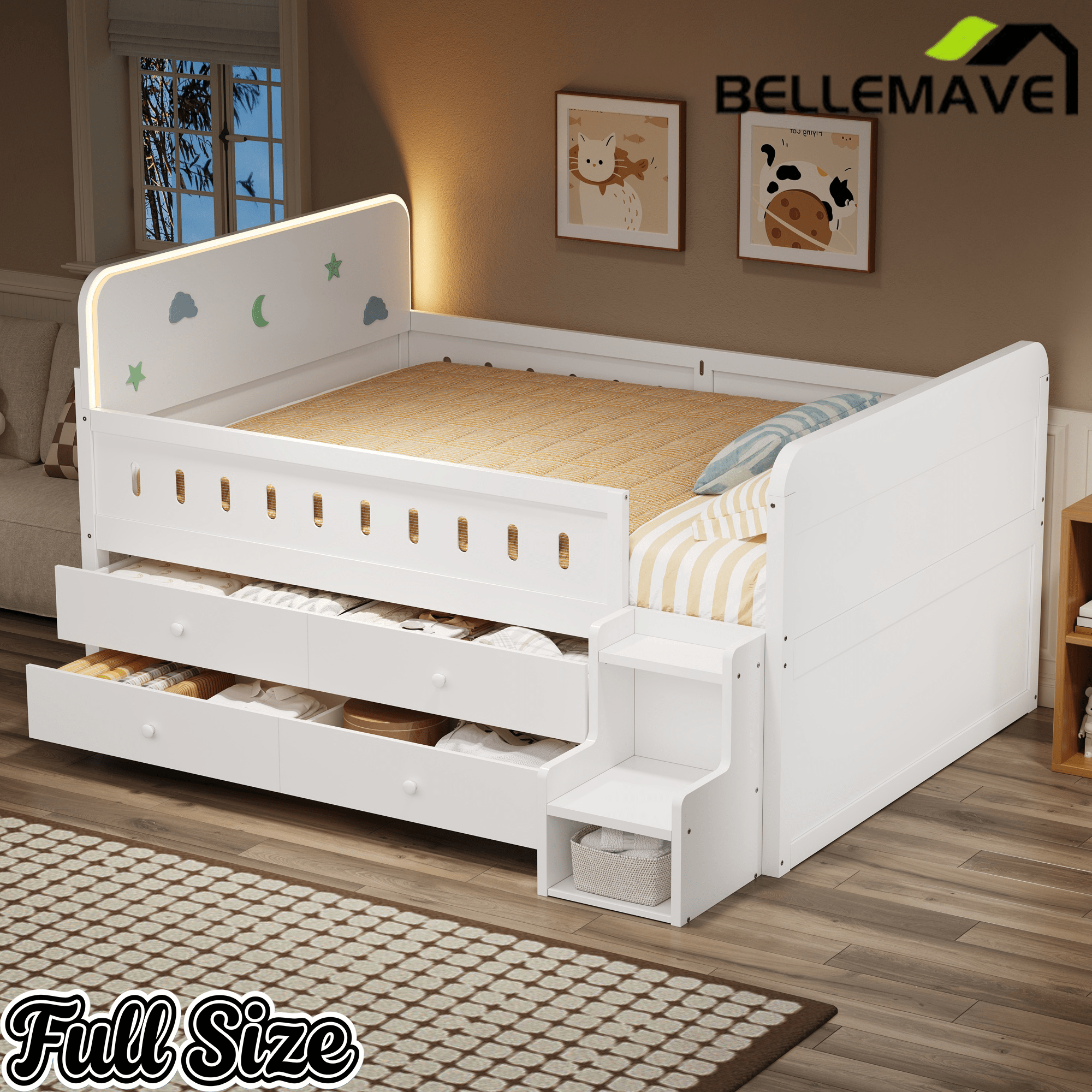 Bellemave® Full Size Daybed with LED Board, Storage Drawers, Footboard, Safety Rails & Stairs for Kids and Teens - Bellemave