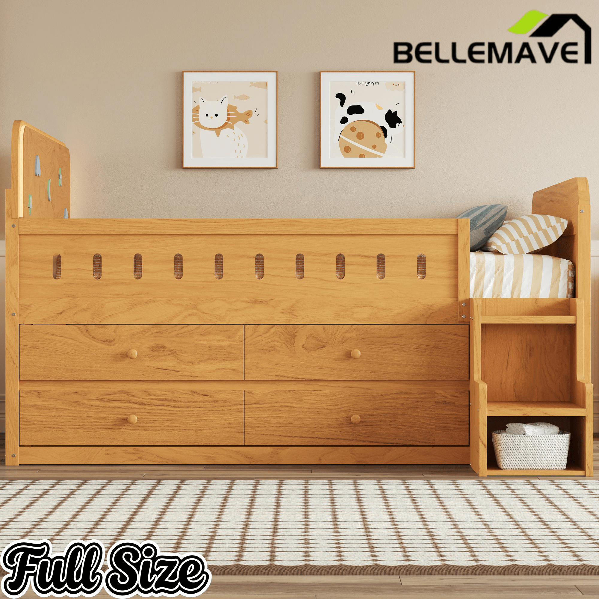 Bellemave® Full Size Daybed with LED Board, Storage Drawers, Footboard, Safety Rails & Stairs for Kids and Teens - Bellemave