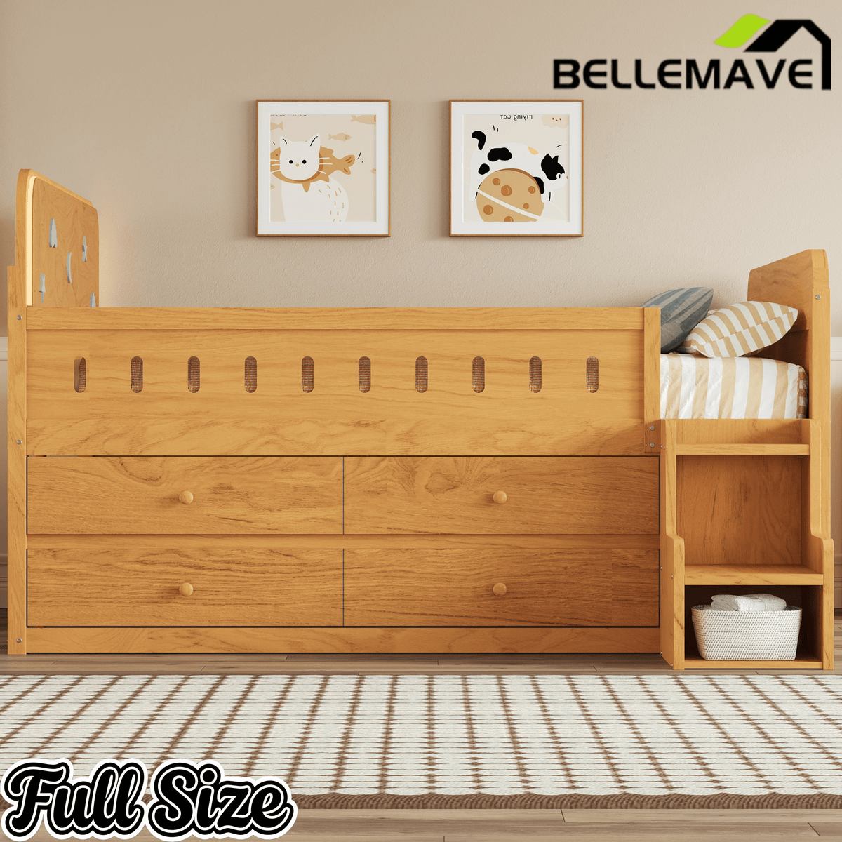 Bellemave® Full Size Daybed with LED Board, Storage Drawers, Footboard, Safety Rails & Stairs for Kids and Teens - Bellemave