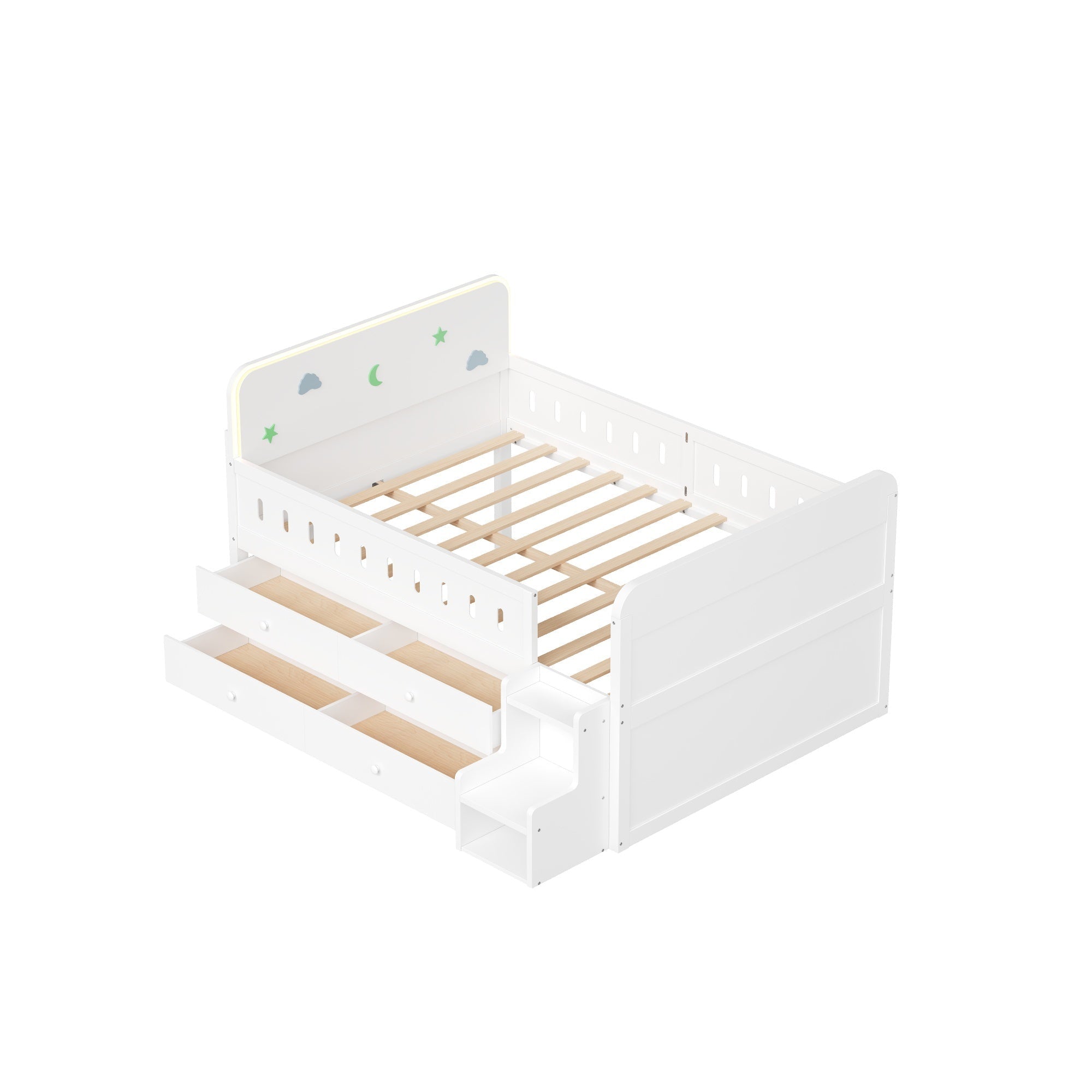 Bellemave® Full Size Daybed with LED Board, Storage Drawers, Footboard, Safety Rails & Stairs for Kids and Teens - Bellemave