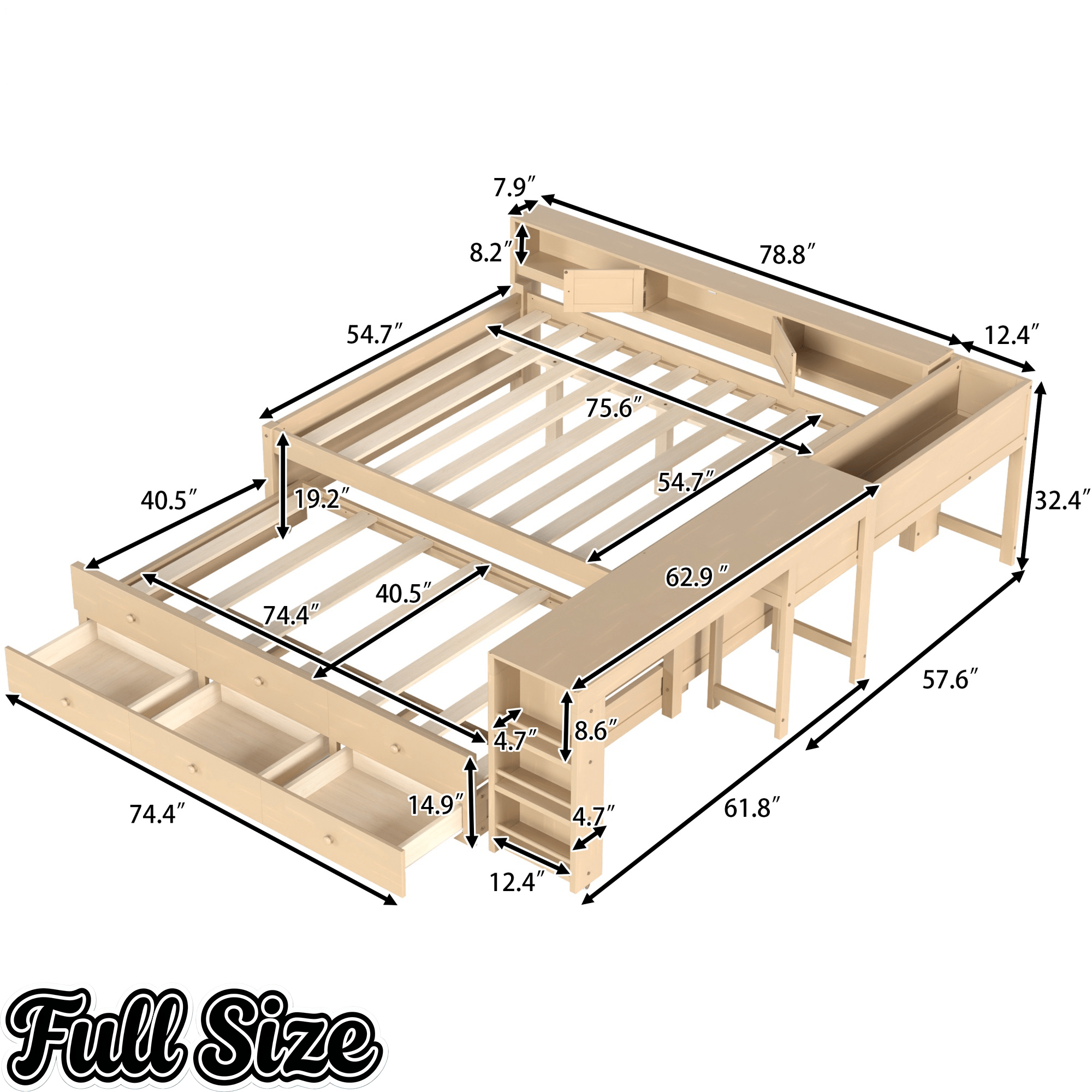 Bellemave® Full Size Daybed With Trundle,Wood Daybed Frame with Storage Drawers,Side Shelves and Desk,White - Bellemave