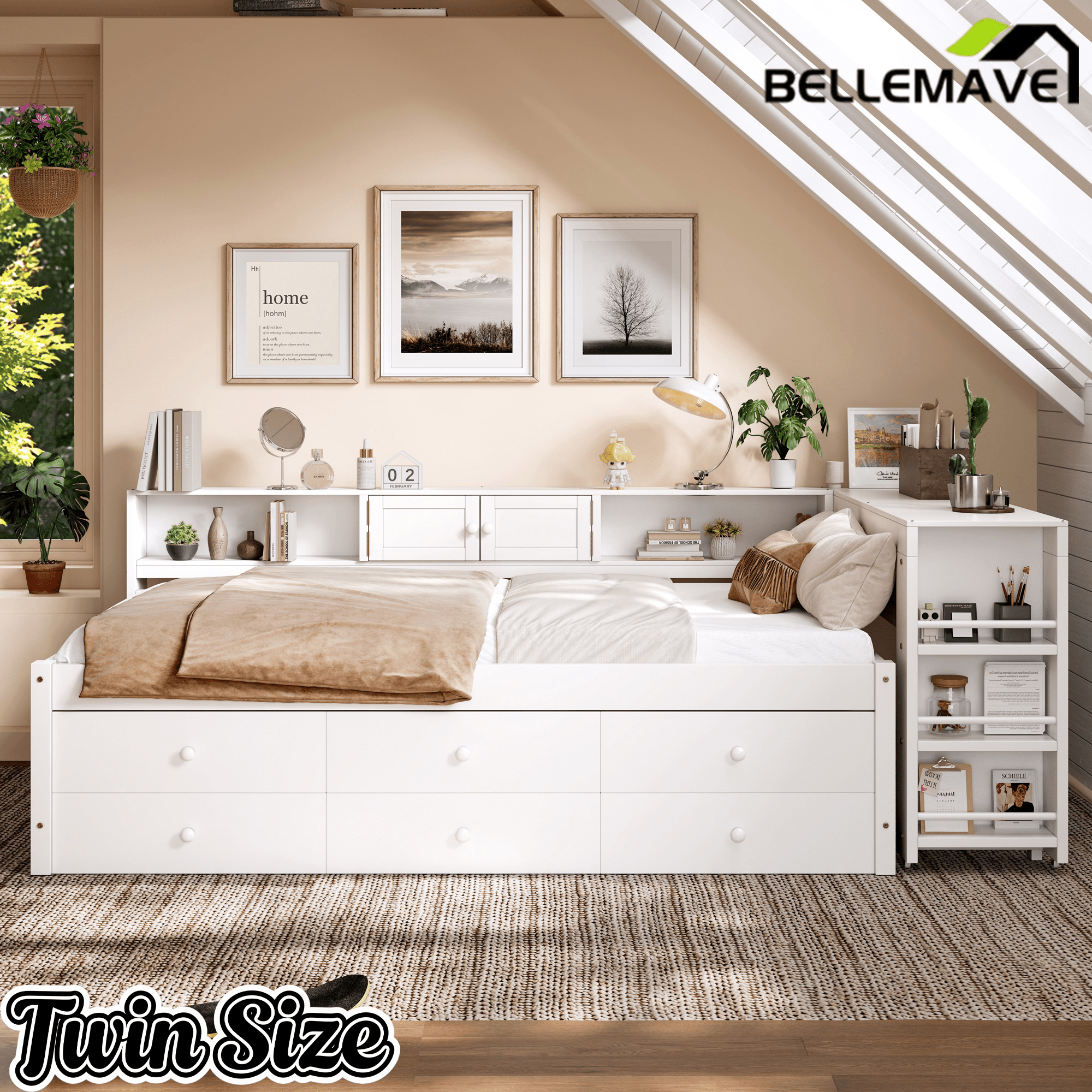 Bellemave® Full Size Daybed With Trundle,Wood Daybed Frame with Storage Drawers,Side Shelves and Desk,White - Bellemave