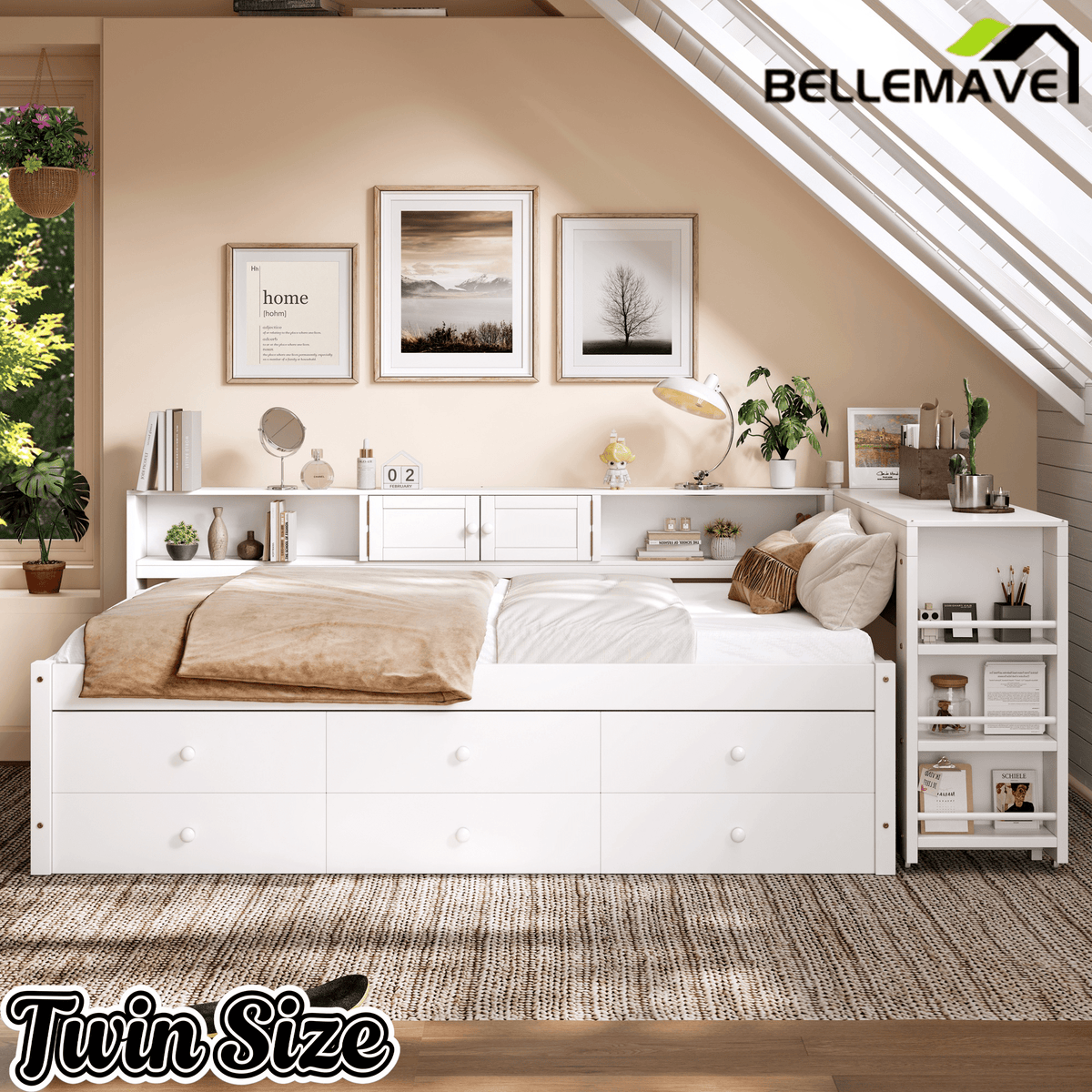 Bellemave® Full Size Daybed With Trundle,Wood Daybed Frame with Storage Drawers,Side Shelves and Desk,White - Bellemave