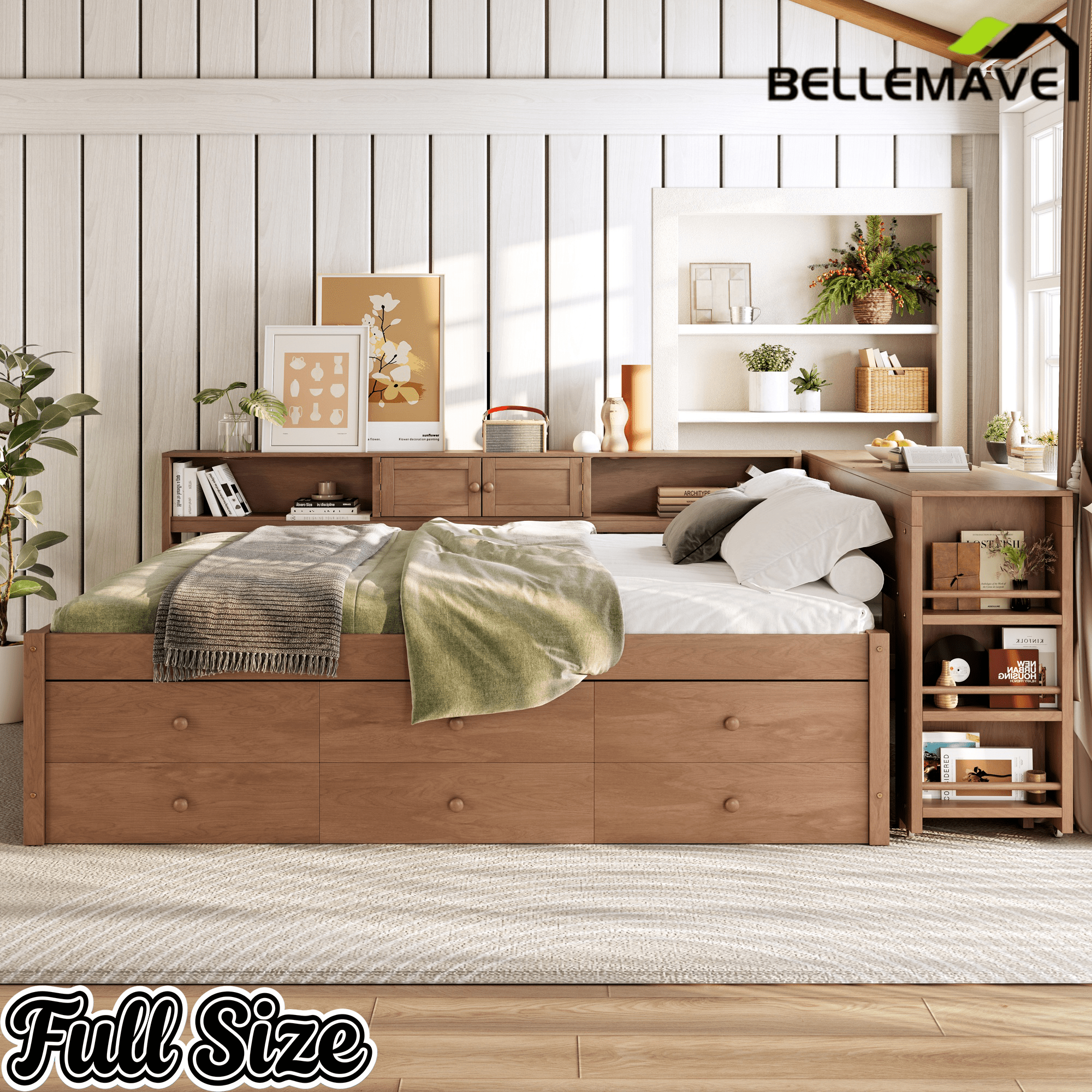 Bellemave® Full Size Daybed With Trundle,Wood Daybed Frame with Storage Drawers,Side Shelves and Desk,White - Bellemave