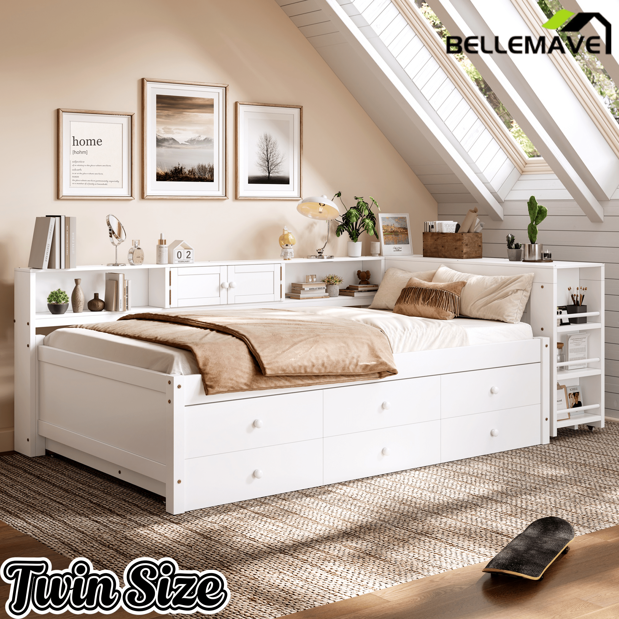 Bellemave® Full Size Daybed With Trundle,Wood Daybed Frame with Storage Drawers,Side Shelves and Desk,White - Bellemave