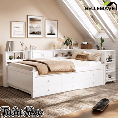 Bellemave® Full Size Daybed With Trundle,Wood Daybed Frame with Storage Drawers,Side Shelves and Desk,White - Bellemave