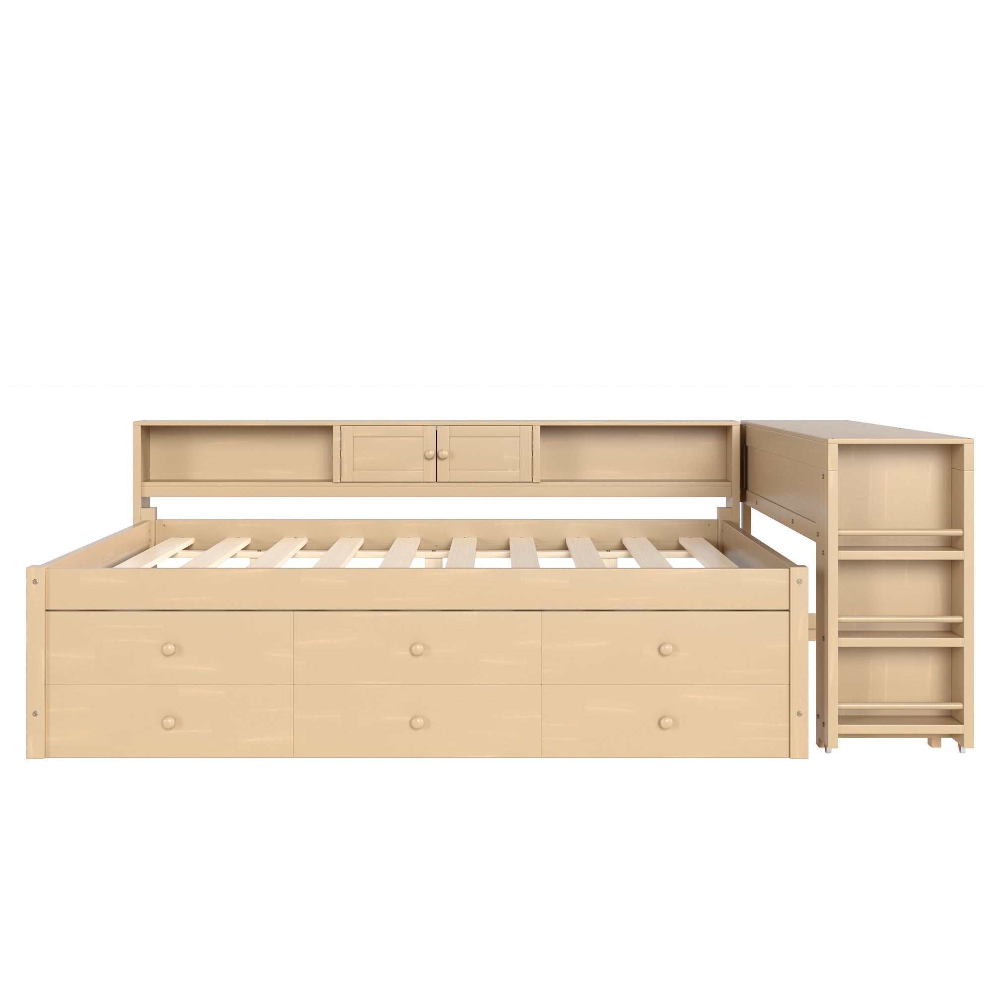 Bellemave® Full Size Daybed With Trundle,Wood Daybed Frame with Storage Drawers,Side Shelves and Desk,White - Bellemave