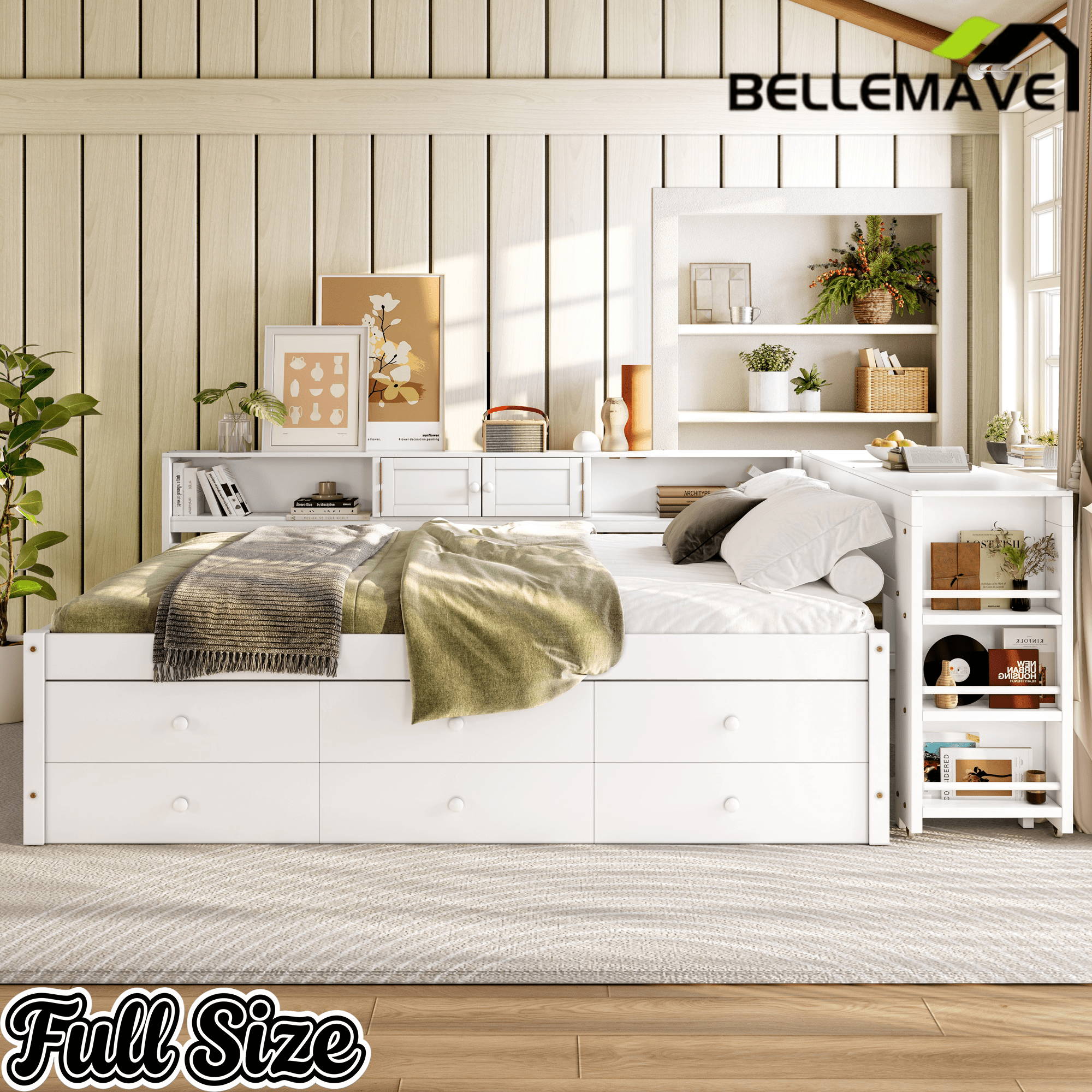 Bellemave® Full Size Daybed With Trundle,Wood Daybed Frame with Storage Drawers,Side Shelves and Desk,White - Bellemave