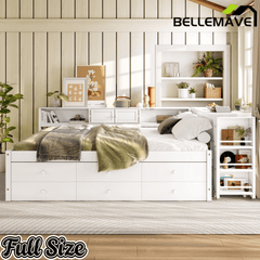 Bellemave® Full Size Daybed With Trundle,Wood Daybed Frame with Storage Drawers,Side Shelves and Desk,White - Bellemave
