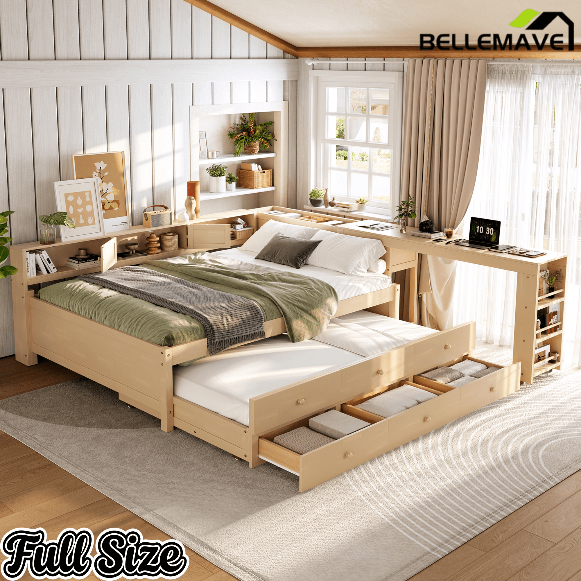 Bellemave® Full Size Daybed With Trundle,Wood Daybed Frame with Storage Drawers,Side Shelves and Desk,White - Bellemave