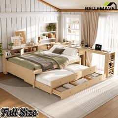 Bellemave® Full Size Daybed With Trundle,Wood Daybed Frame with Storage Drawers,Side Shelves and Desk,White - Bellemave