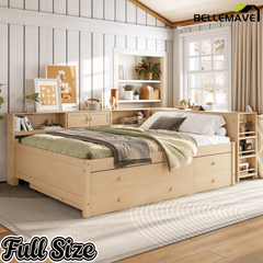 Bellemave® Full Size Daybed With Trundle,Wood Daybed Frame with Storage Drawers,Side Shelves and Desk,White - Bellemave