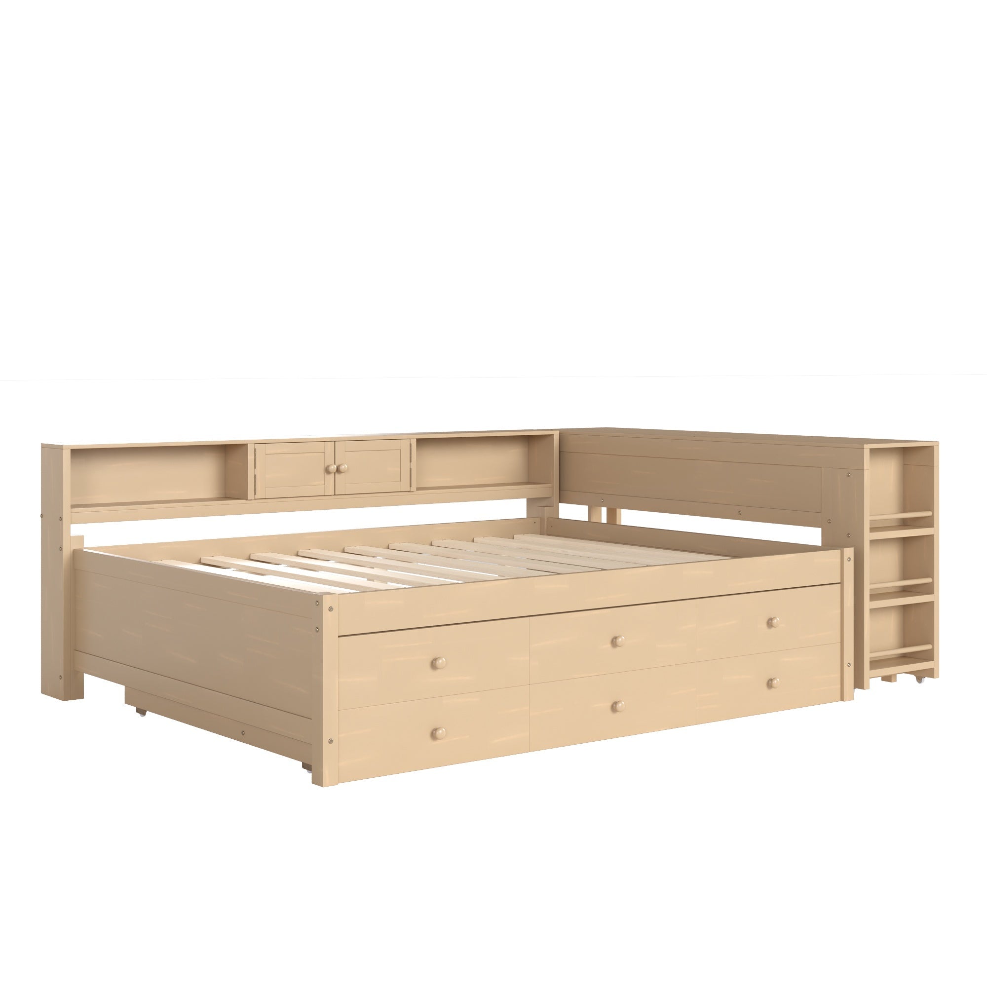 Bellemave® Full Size Daybed With Trundle,Wood Daybed Frame with Storage Drawers,Side Shelves and Desk,White - Bellemave