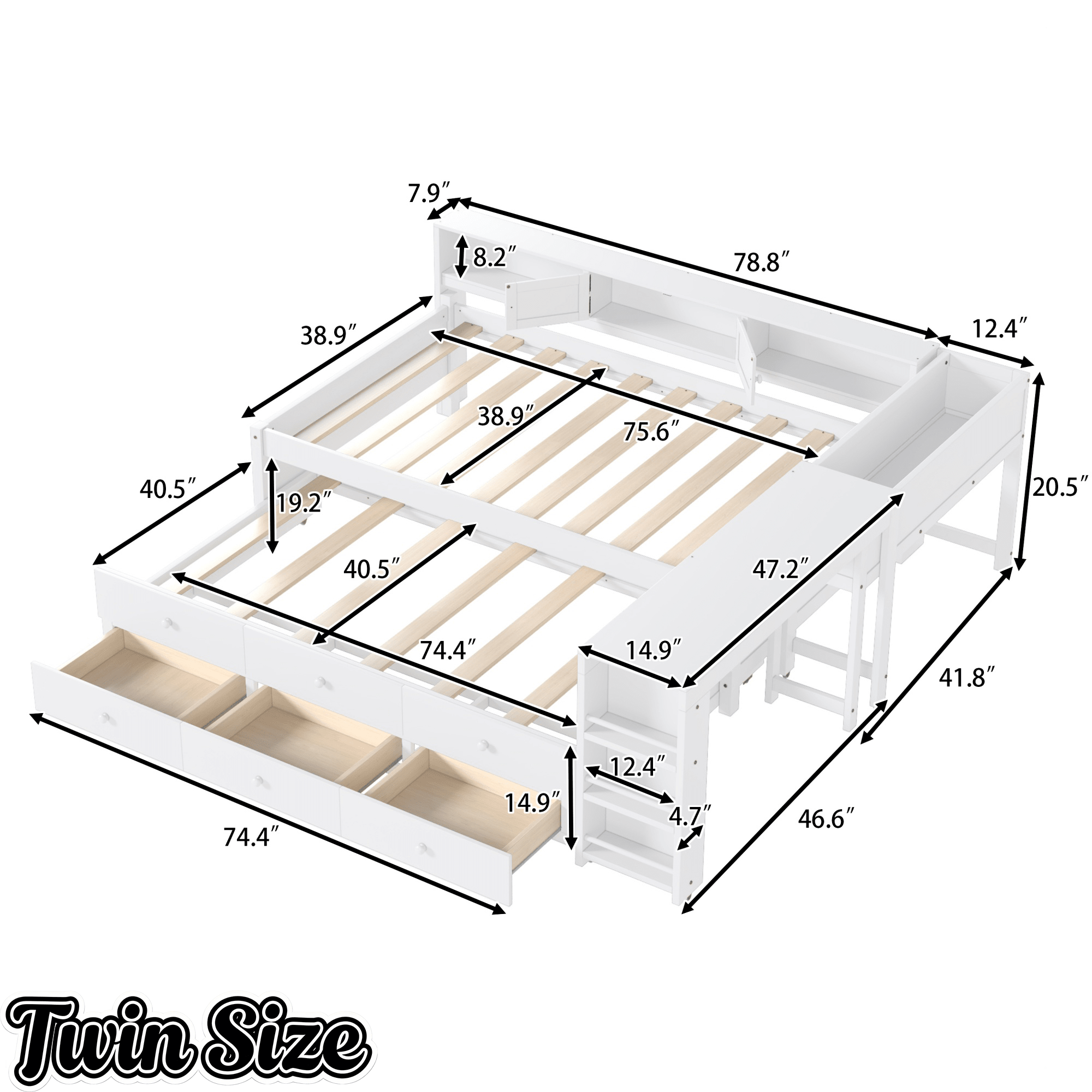 Bellemave® Full Size Daybed With Trundle,Wood Daybed Frame with Storage Drawers,Side Shelves and Desk,White - Bellemave