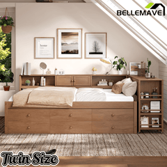 Bellemave® Full Size Daybed With Trundle,Wood Daybed Frame with Storage Drawers,Side Shelves and Desk,White - Bellemave