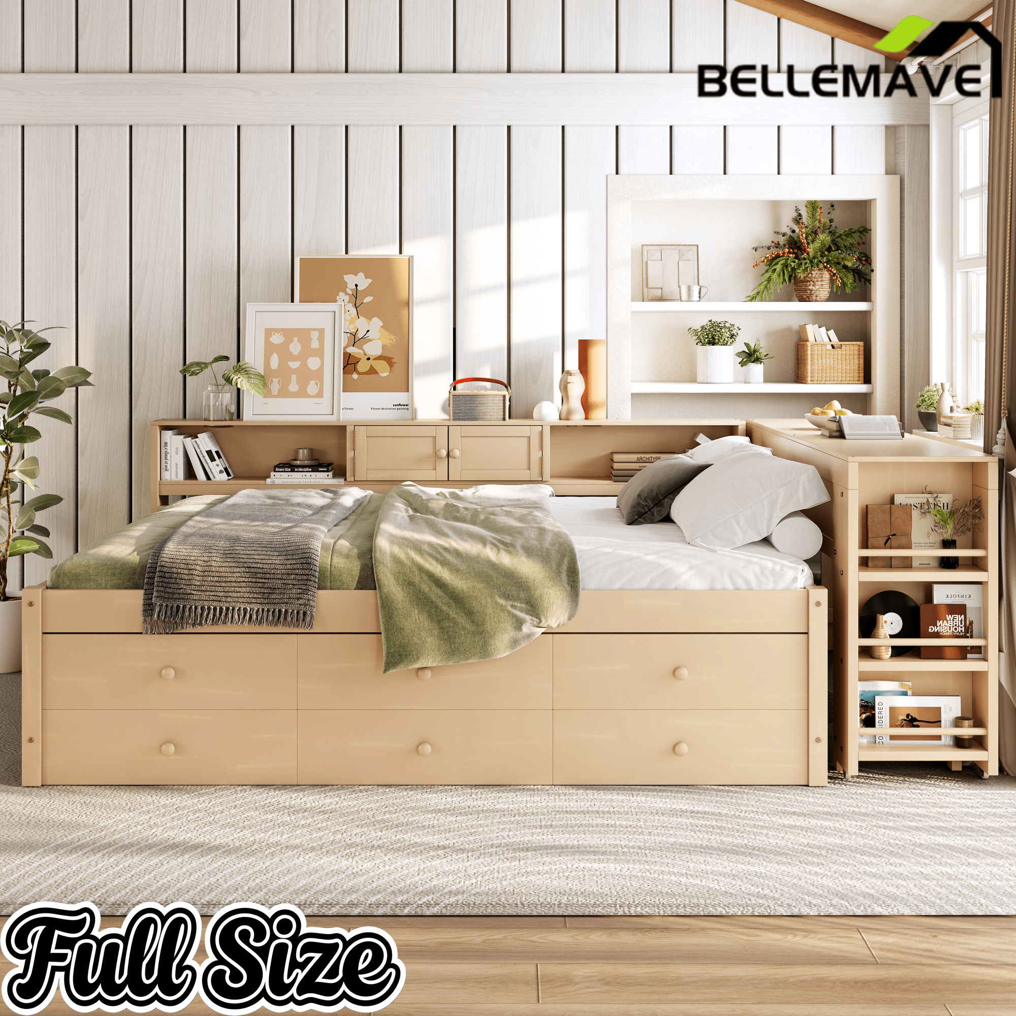 Bellemave® Full Size Daybed With Trundle,Wood Daybed Frame with Storage Drawers,Side Shelves and Desk,White - Bellemave