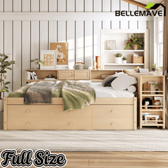 Bellemave® Full Size Daybed With Trundle,Wood Daybed Frame with Storage Drawers,Side Shelves and Desk,White - Bellemave
