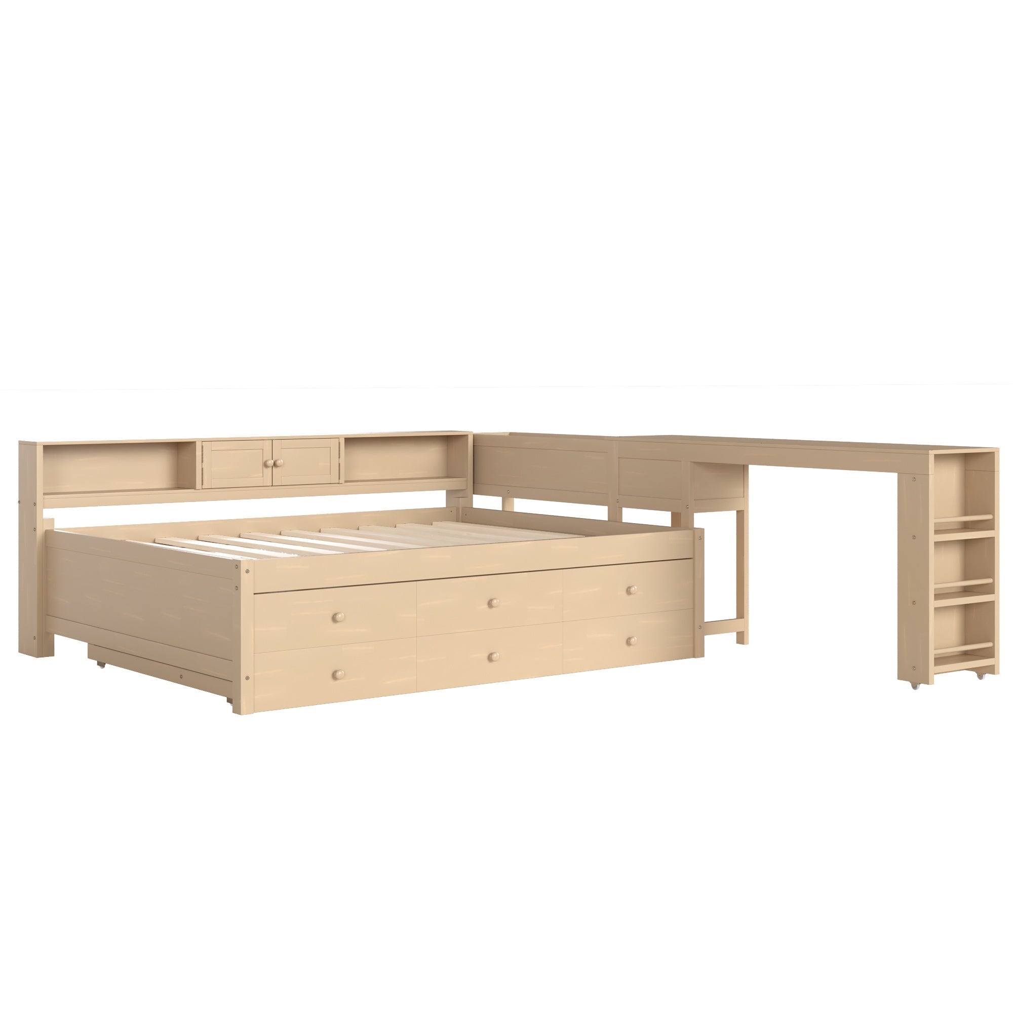 Bellemave® Full Size Daybed With Trundle,Wood Daybed Frame with Storage Drawers,Side Shelves and Desk,White - Bellemave