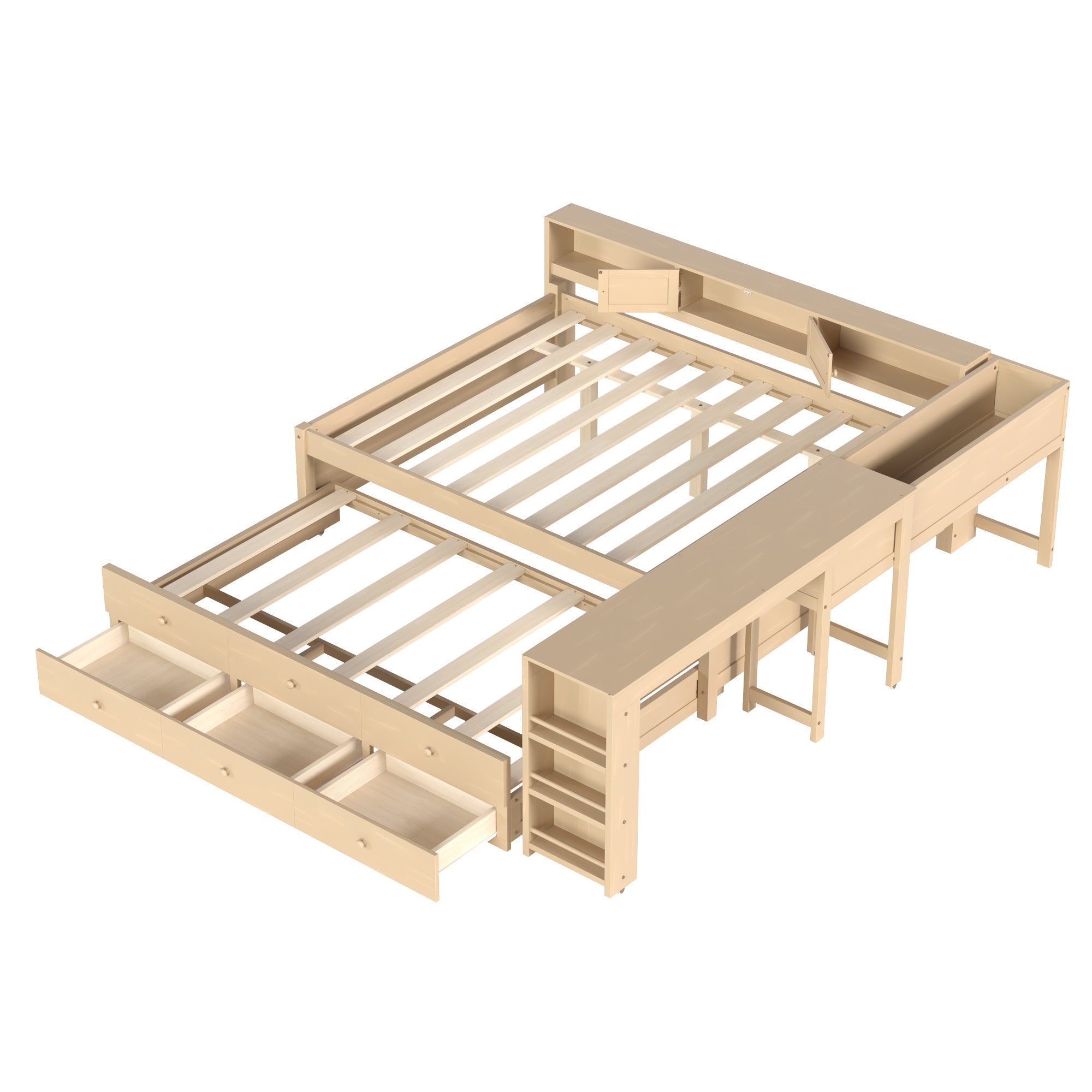 Bellemave® Full Size Daybed With Trundle,Wood Daybed Frame with Storage Drawers,Side Shelves and Desk,White - Bellemave