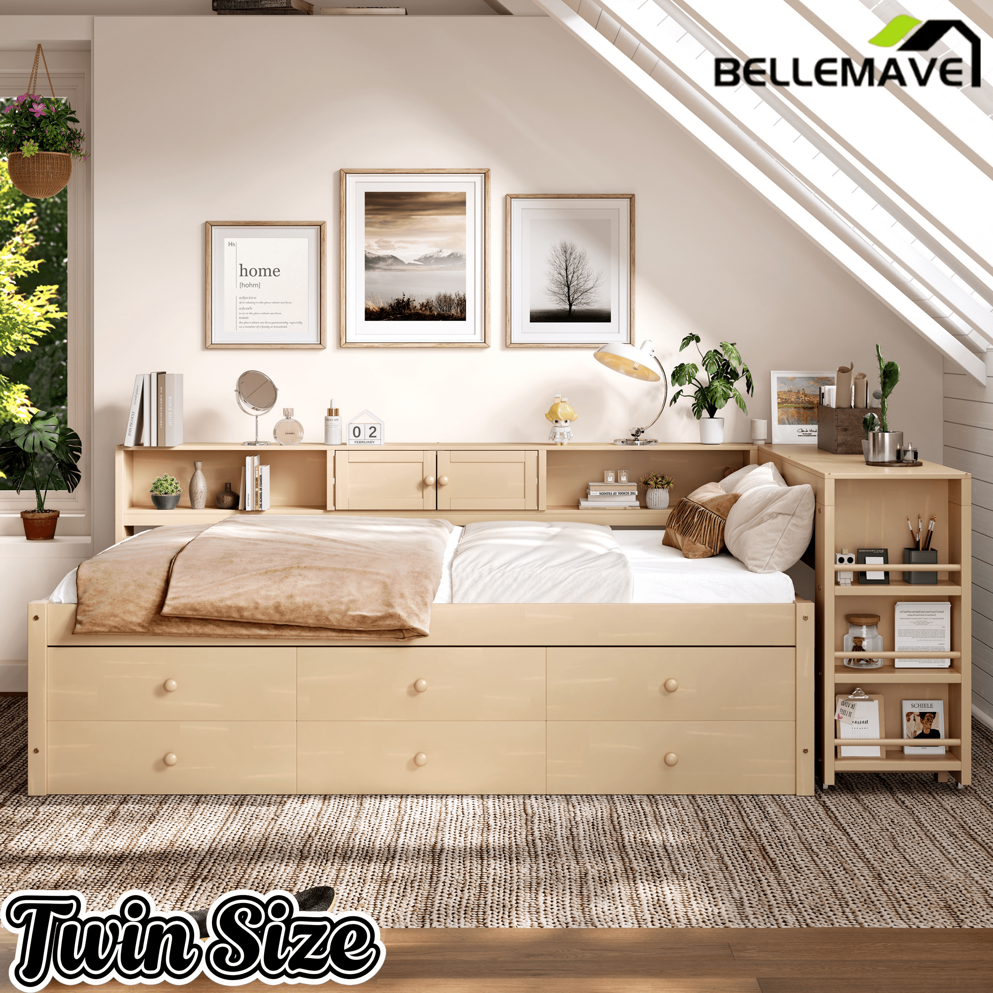 Bellemave® Full Size Daybed With Trundle,Wood Daybed Frame with Storage Drawers,Side Shelves and Desk,White - Bellemave
