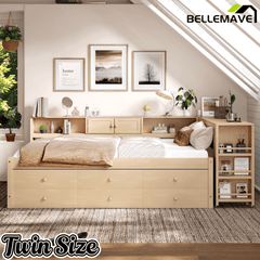 Bellemave® Full Size Daybed With Trundle,Wood Daybed Frame with Storage Drawers,Side Shelves and Desk,White - Bellemave