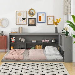 Bellemave® Full Size Floor Bed with L - shaped Bookcases, Sliding Doors,Without Slats - Bellemave