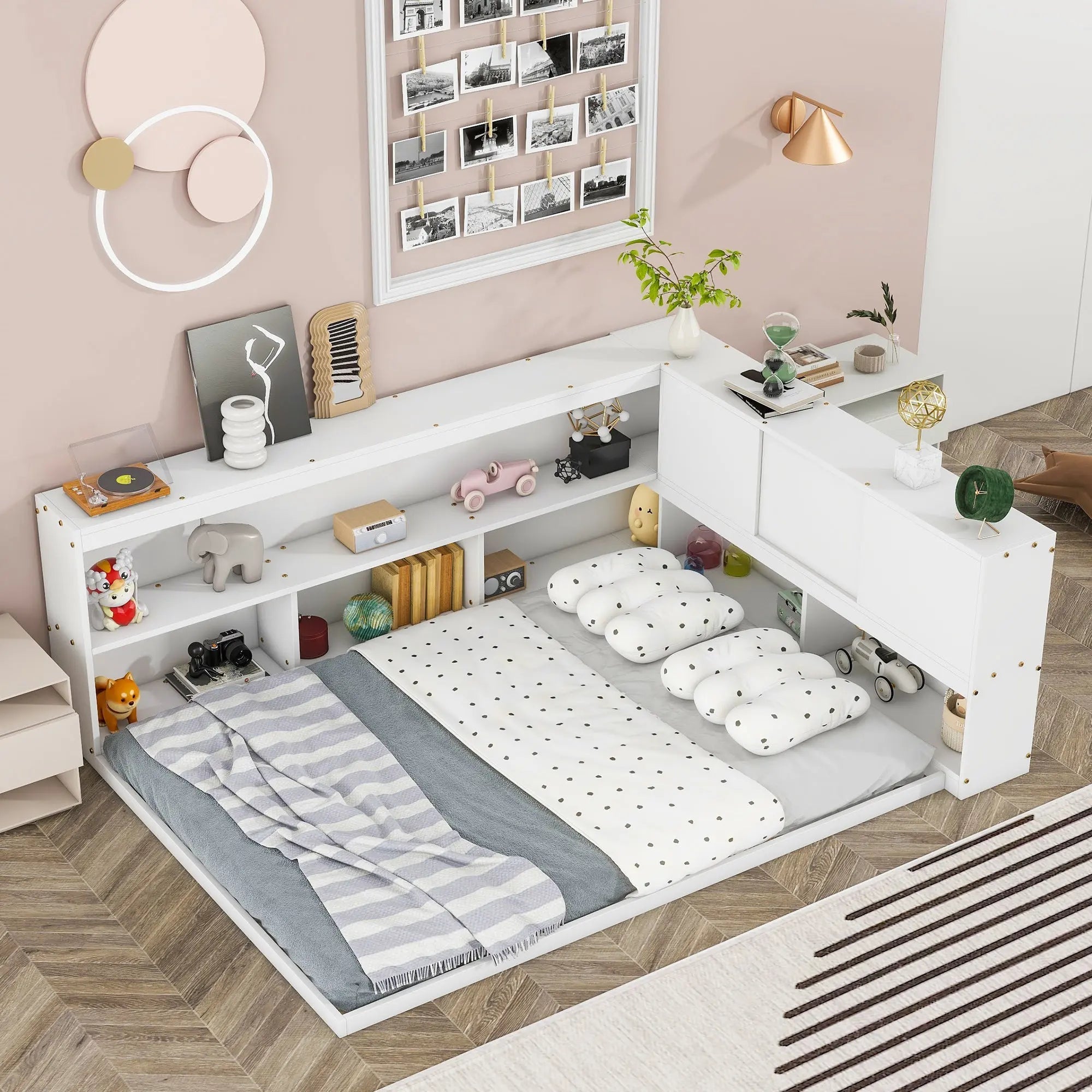 Bellemave® Full Size Floor Bed with L - shaped Bookcases, Sliding Doors,Without Slats - Bellemave