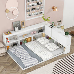 Bellemave® Full Size Floor Bed with L - shaped Bookcases, Sliding Doors,Without Slats - Bellemave