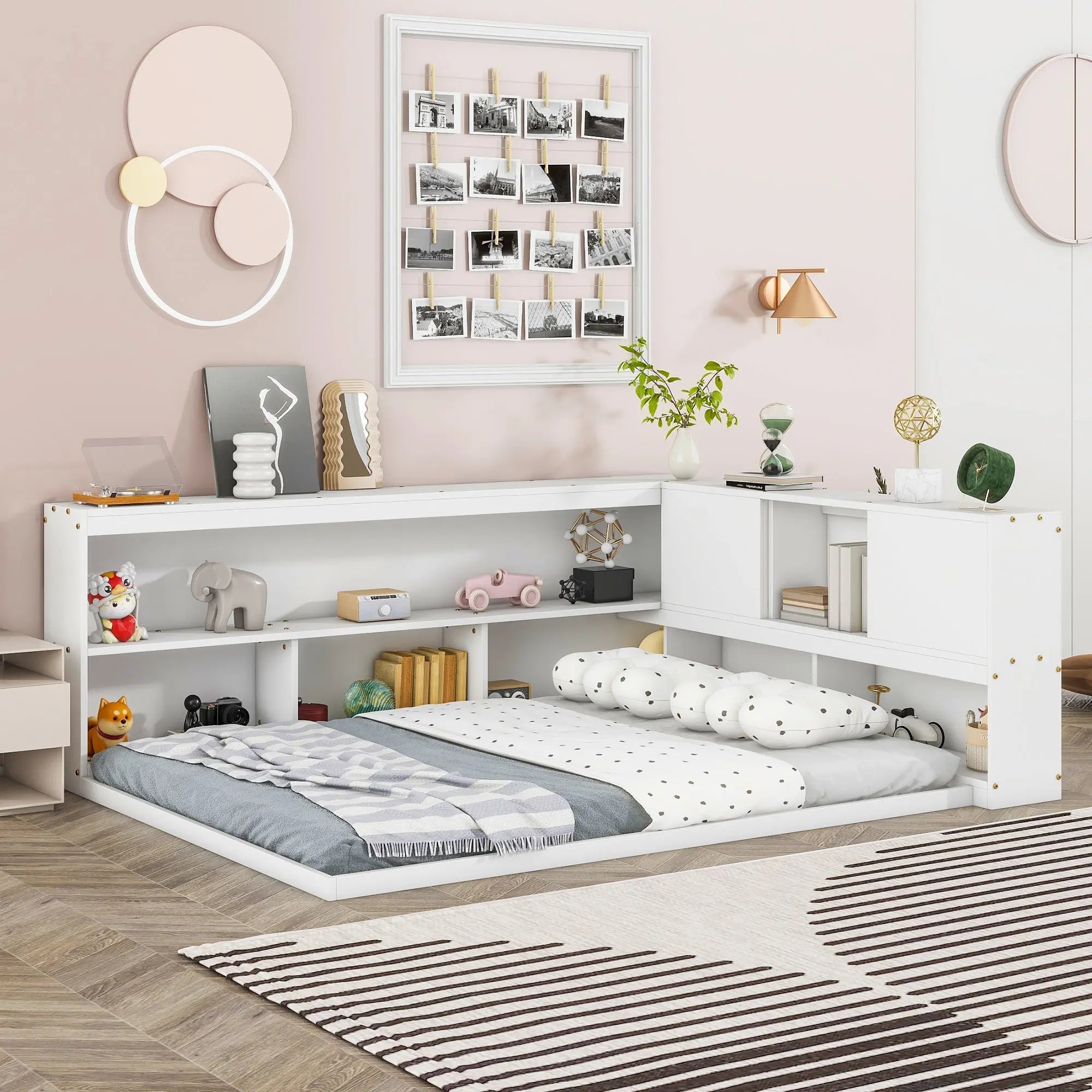 Bellemave® Full Size Floor Bed with L - shaped Bookcases, Sliding Doors,Without Slats - Bellemave