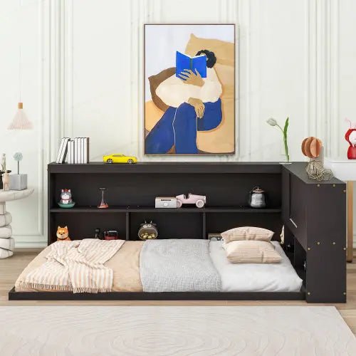 Bellemave® Full Size Floor Bed with L - shaped Bookcases, Sliding Doors,Without Slats - Bellemave