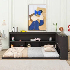 Bellemave® Full Size Floor Bed with L - shaped Bookcases, Sliding Doors,Without Slats - Bellemave