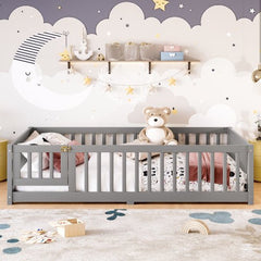 Bellemave® Full Size Floor Bed with Safety Guardrails and Door for Kids, Natural - Bellemave