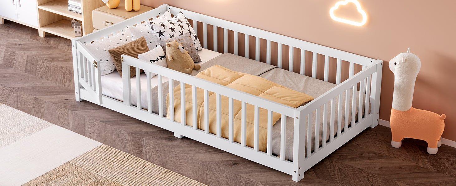 Bellemave® Full Size Floor Bed with Safety Guardrails and Door for Kids, Natural - Bellemave
