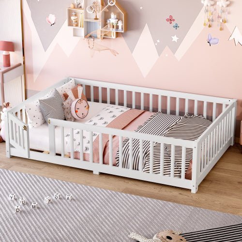 Bellemave® Full Size Floor Bed with Safety Guardrails and Door for Kids, Natural - Bellemave
