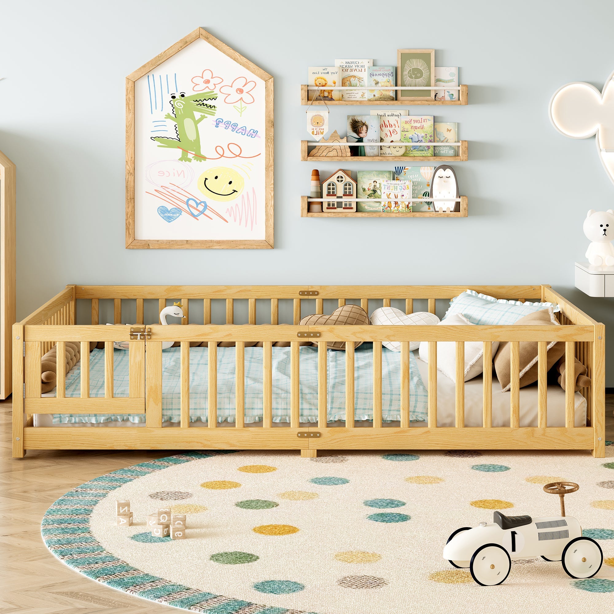 Bellemave® Full Size Floor Bed with Safety Guardrails and Door for Kids, Natural - Bellemave