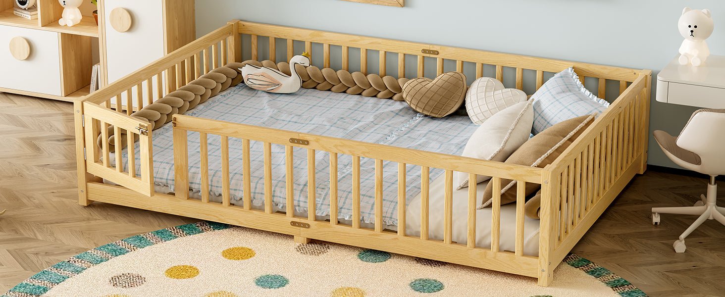 Bellemave® Full Size Floor Bed with Safety Guardrails and Door for Kids, Natural - Bellemave