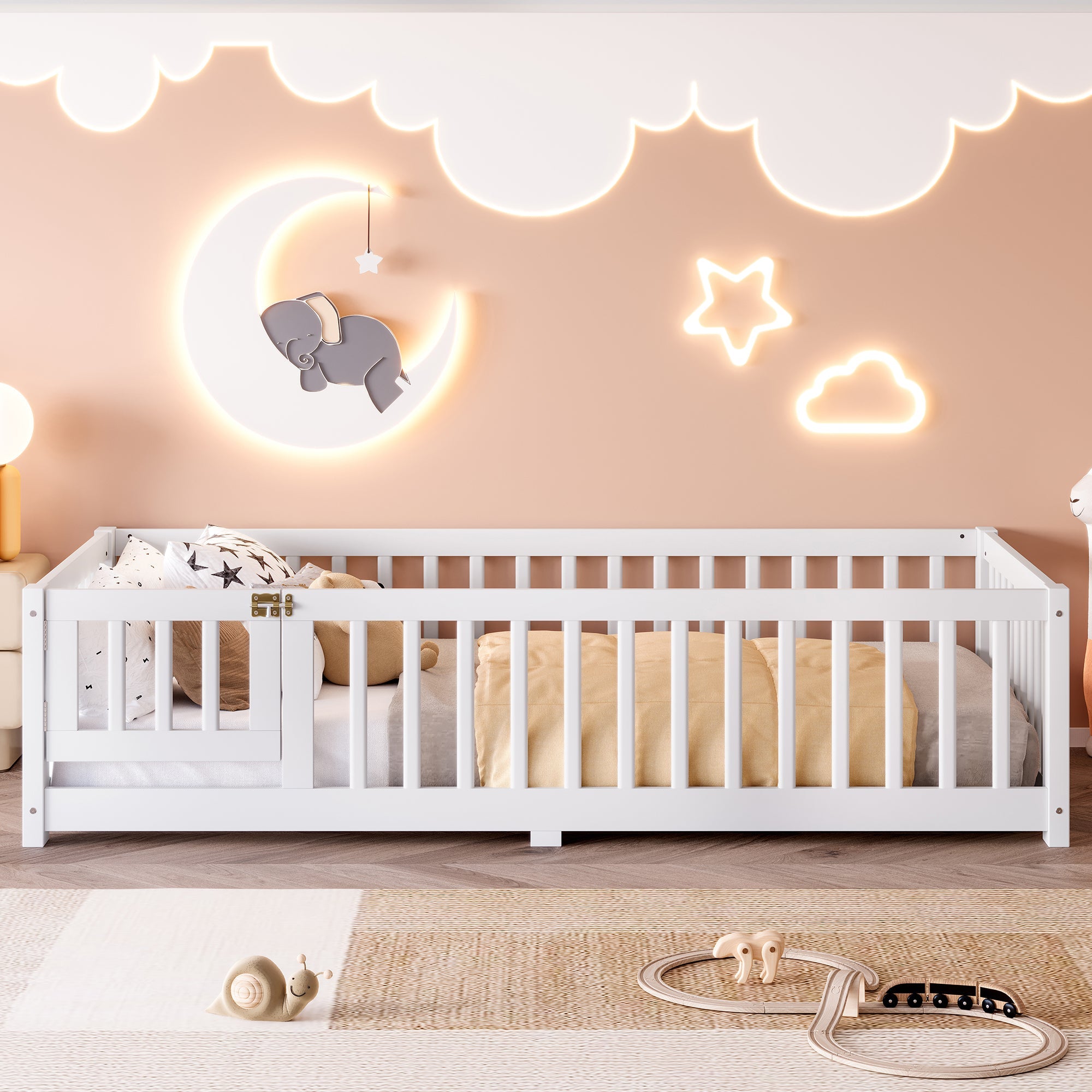 Bellemave® Full Size Floor Bed with Safety Guardrails and Door for Kids, Natural - Bellemave