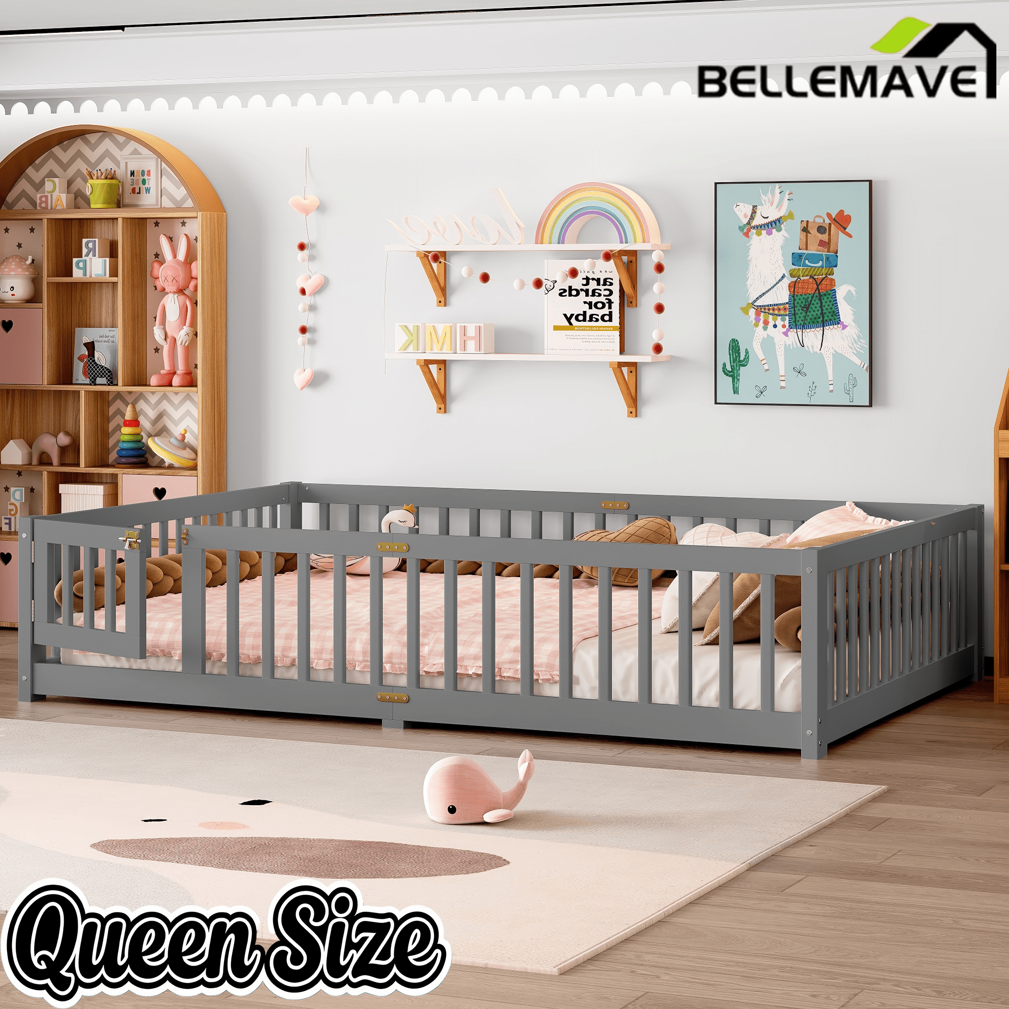 Bellemave® Full Size Floor Bed with Safety Guardrails and Door for Kids, Natural - Bellemave
