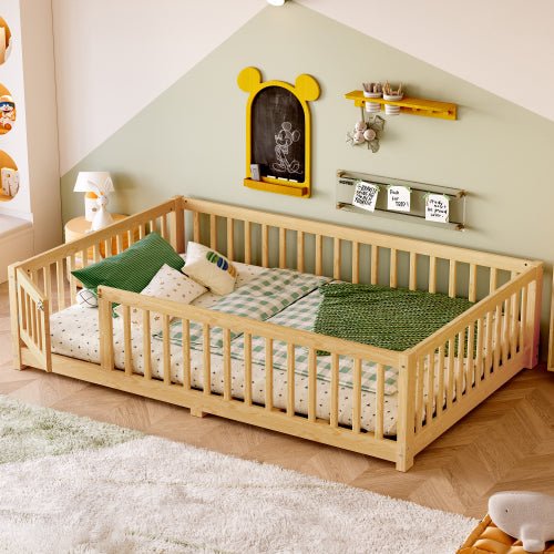 Bellemave® Full Size Floor Bed with Safety Guardrails and Door for Kids, Natural - Bellemave