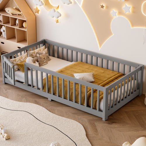 Bellemave® Full Size Floor Bed with Safety Guardrails and Door for Kids, Natural - Bellemave